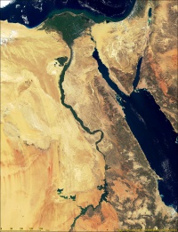 The Nile River and delta, Egypt. Image courtesy NASA Visible Earth (http://visibleearth.nasa.gov/view_rec.php?id=680)